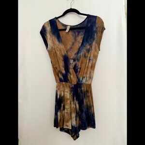 Mahina Tie-Dye Blue/Brown Plunge Romper, Small